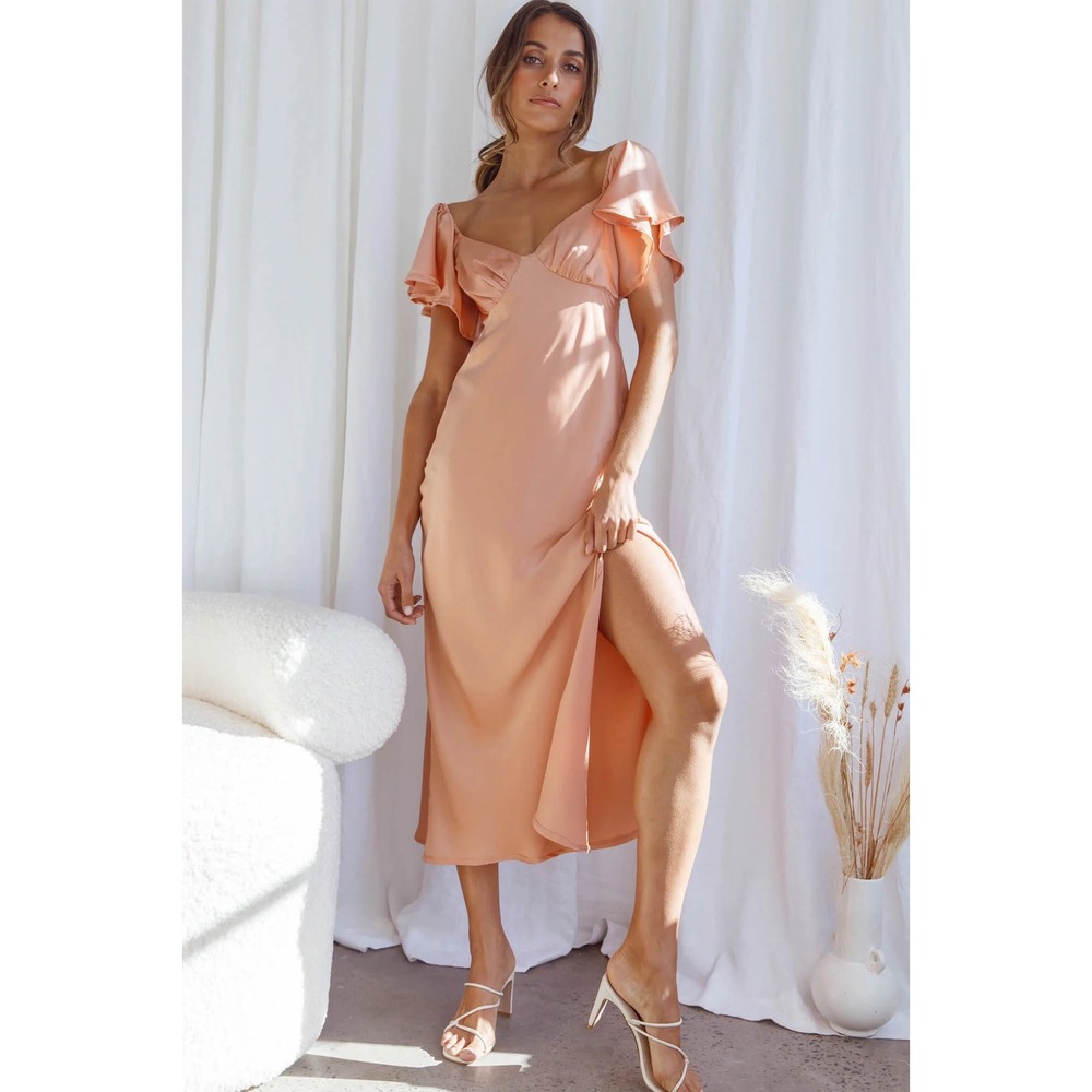 Selfie Leslie Park Avenue Flutter Sleeve Side Split Midi Dress Apricot Size XS